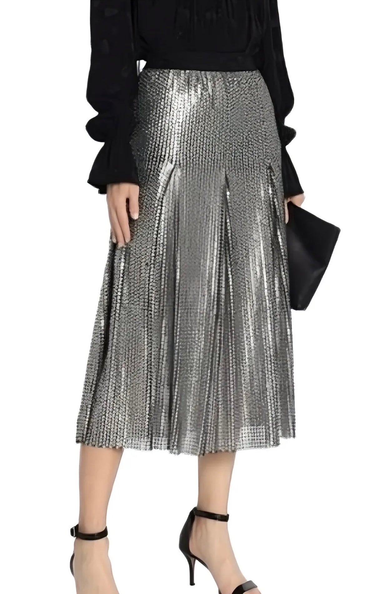 Maje Silver Pleated Sequin Midi Skirt