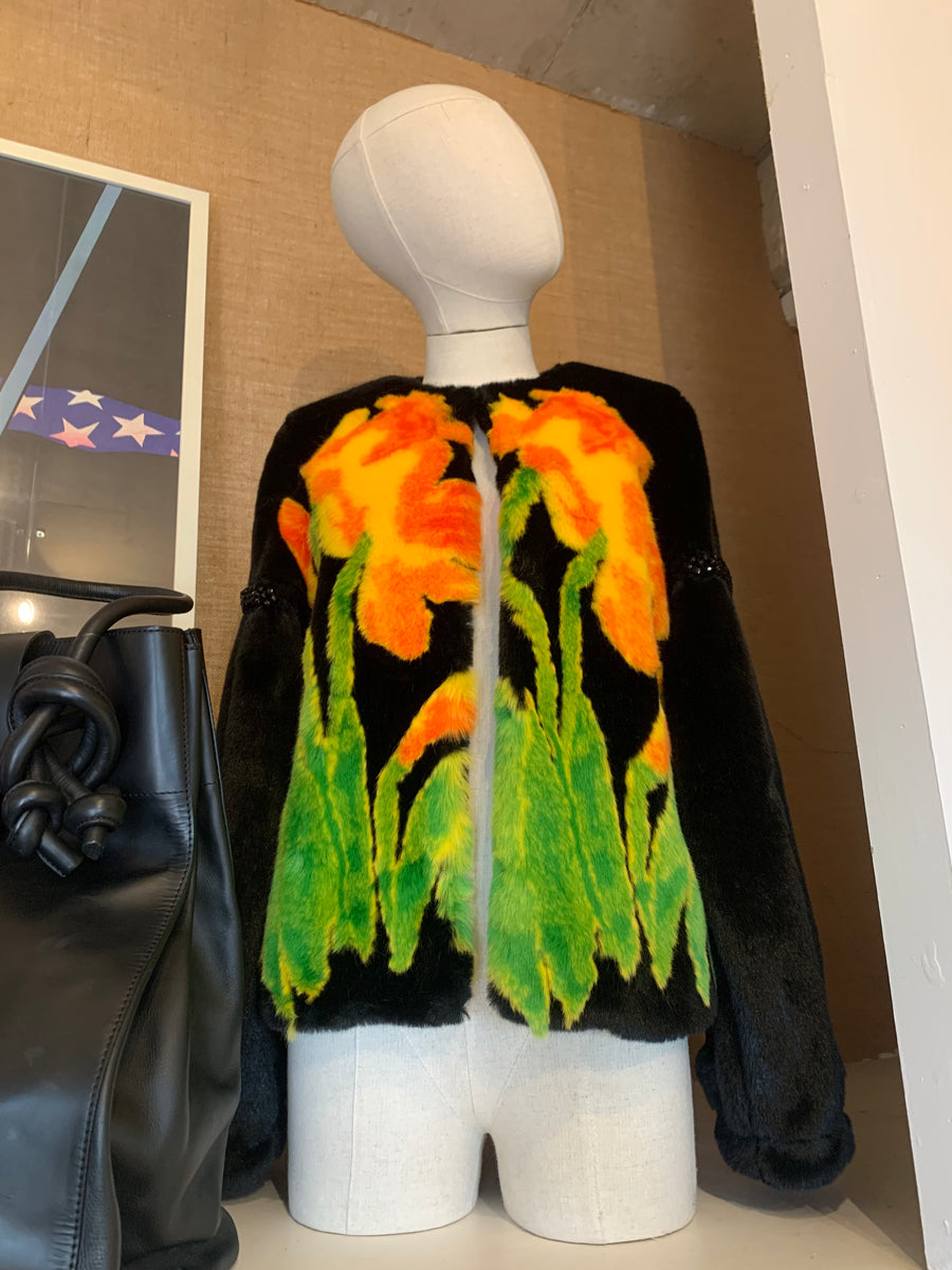 Shrimps Black Daffodil Print Faux Fur Jacket NWT ReBoundStore