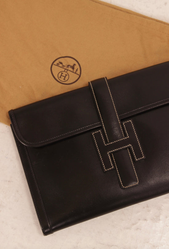 Vintage Hermes Black Leather Jige Clutch