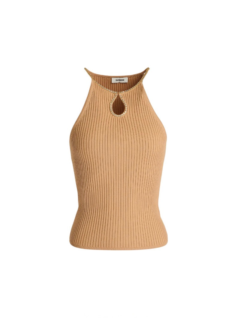 Sandro Crystal Neck Ribbed Tank