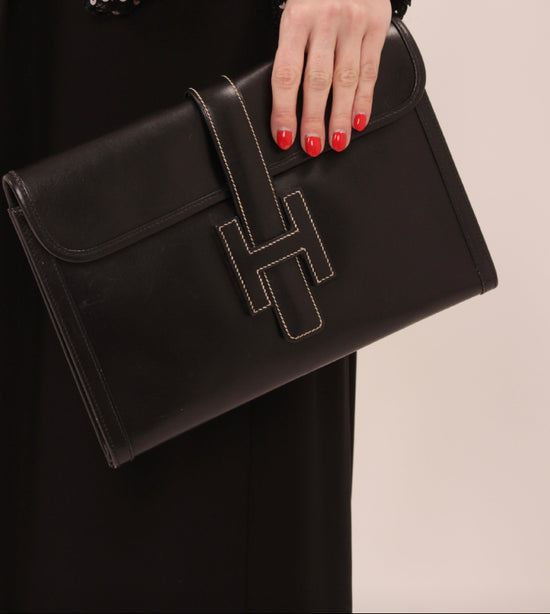 Vintage Hermes Black Leather Jige Clutch