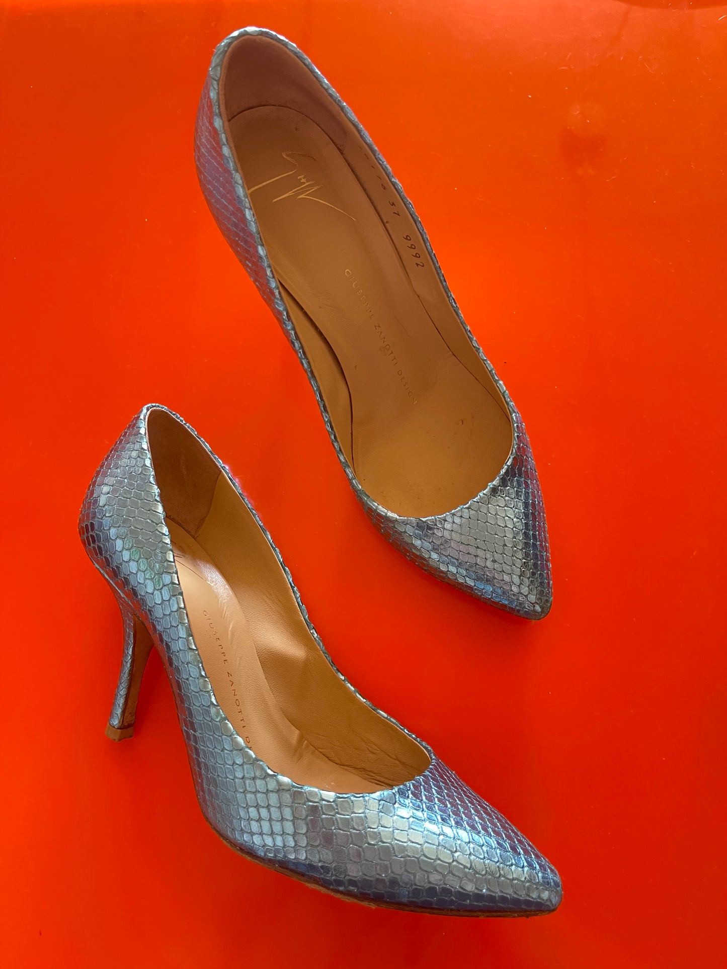 Giuseppe Zanotti Dirty 80 Blue Metallic Snakeskin Heels