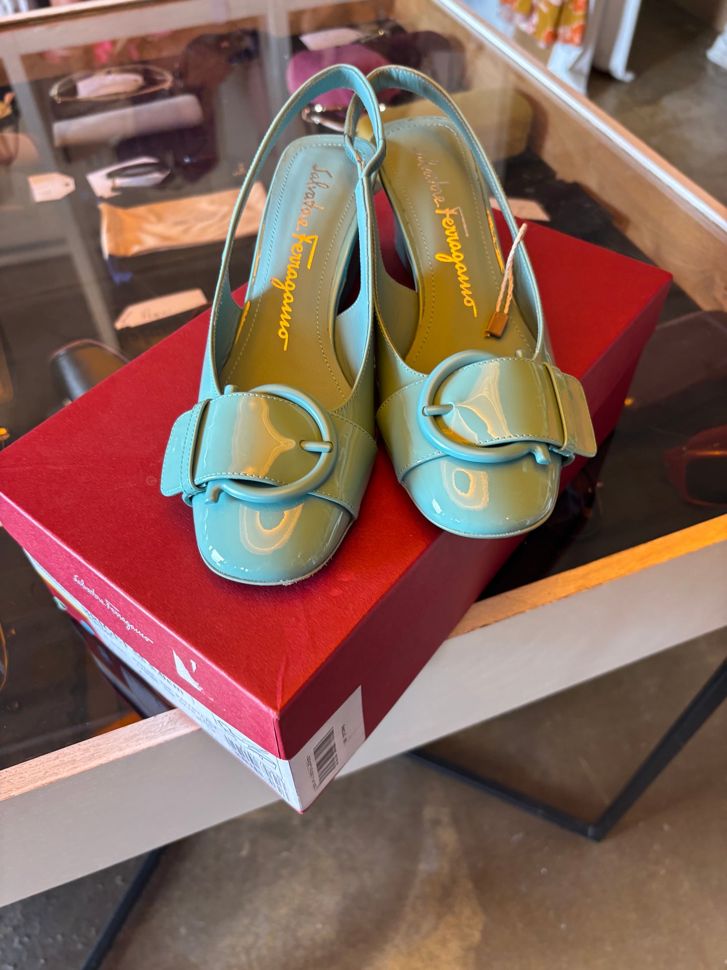 Salvatore Ferragamo Blue Patent Sling Backs - new
