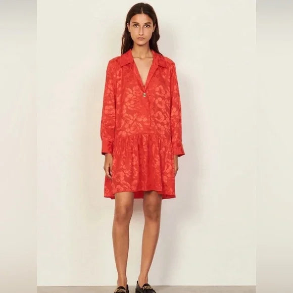 Sandro Red Embossed Floral Dress
