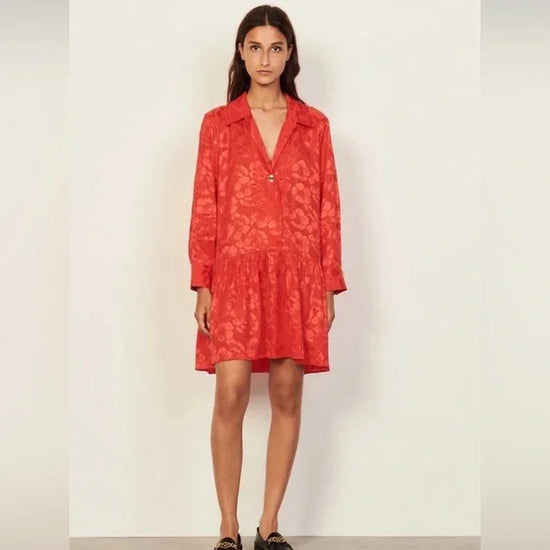 Sandro Red Embossed Floral Dress