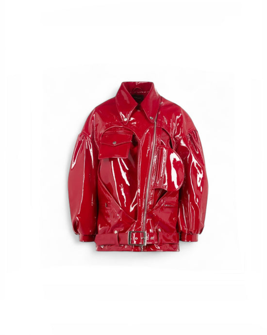 Simone Rocha Red Patent Open Heart Biker Jacket