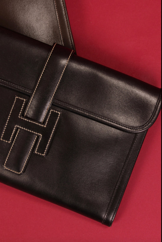 Vintage Hermes Black Leather Jige Clutch