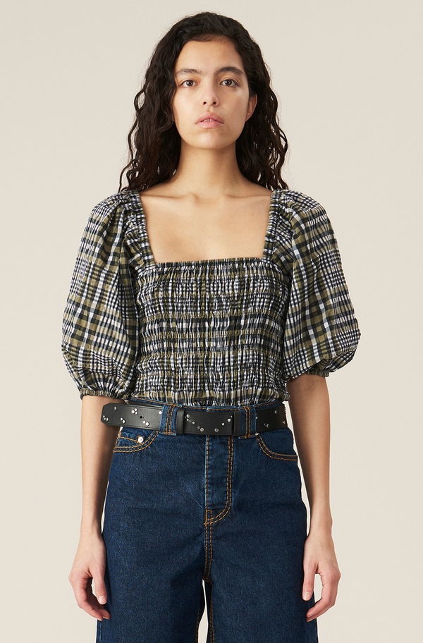 Ganni Checked Seersucker Top