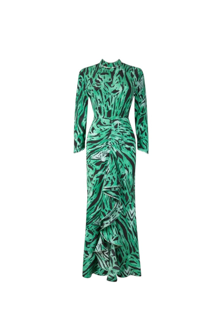 rixo lucy dress green Rixo London Lucy Ruffled Floral-print Silk Crepe De Chine Midi Dress In Green Multi