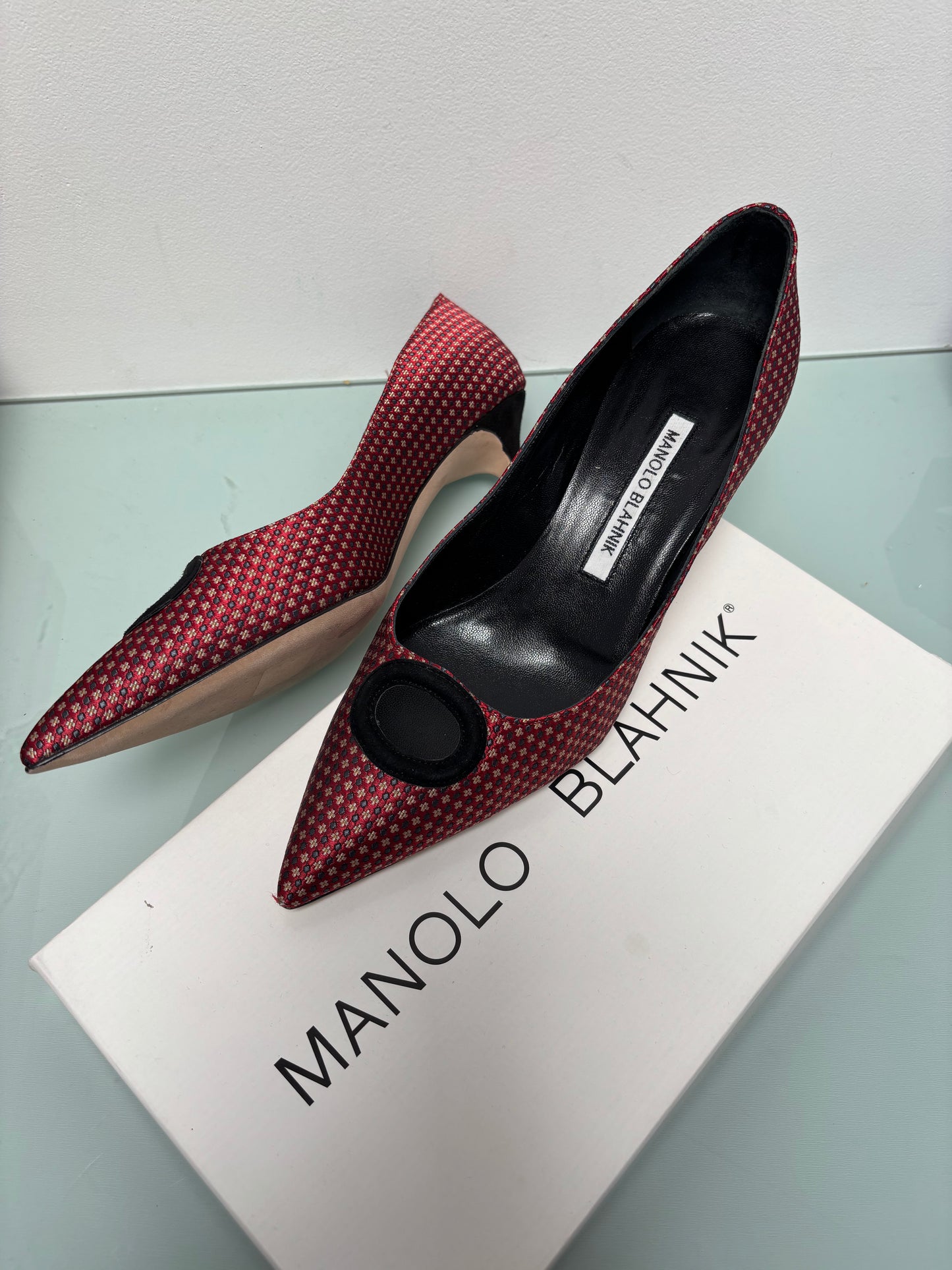 Manolo Blahnik Fabric Kitten Heels