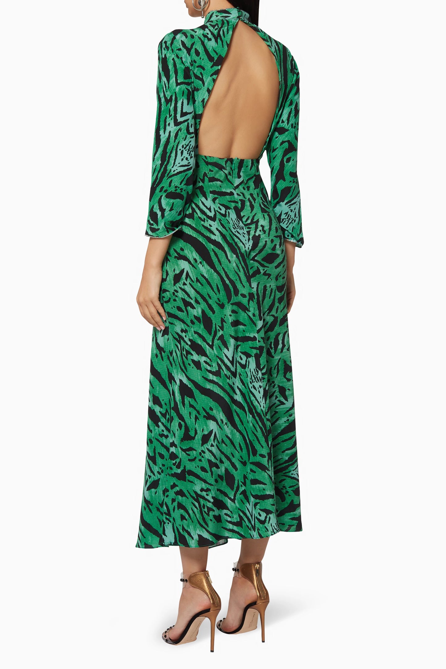 Rixo Green Tiger Silk Dress