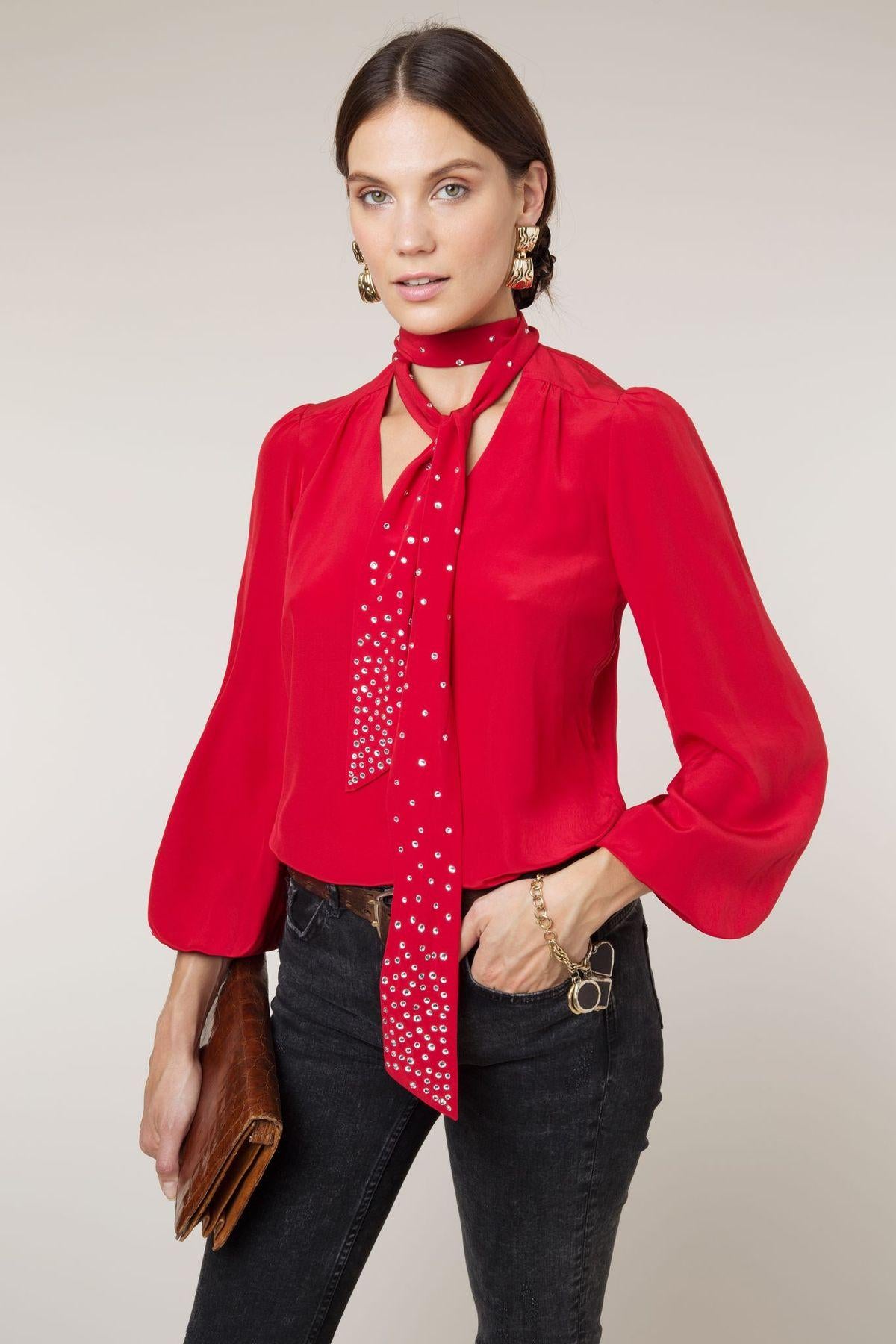 Load image into Gallery viewer, Rixo Red Silk Crystal Moss Blouse
