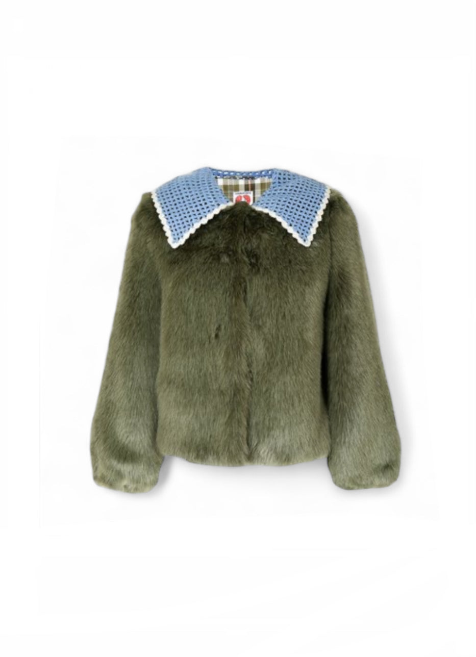 Shrimps Crochet Collar Faux Fur Jacket