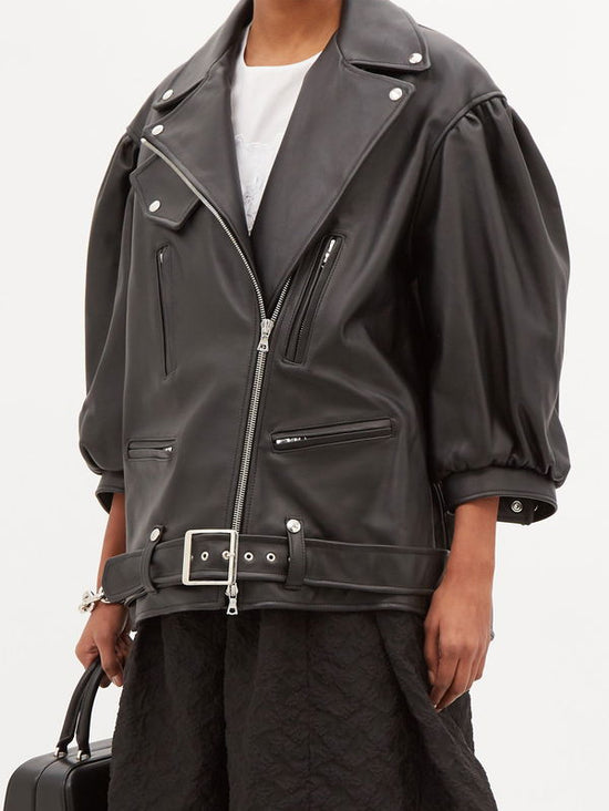 Simone Rocha Puff Sleeve Leather Biker Jacket