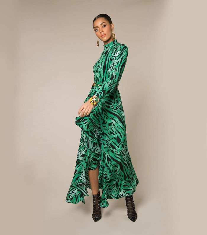 Rixo Green Tiger Silk Dress