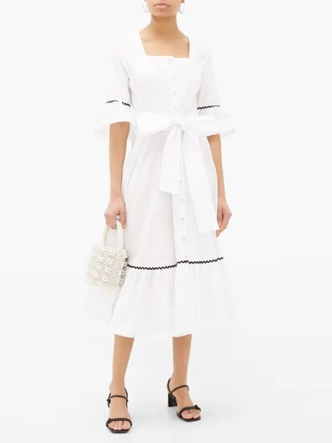 Batsheva White Cotton Ric Rac Dress