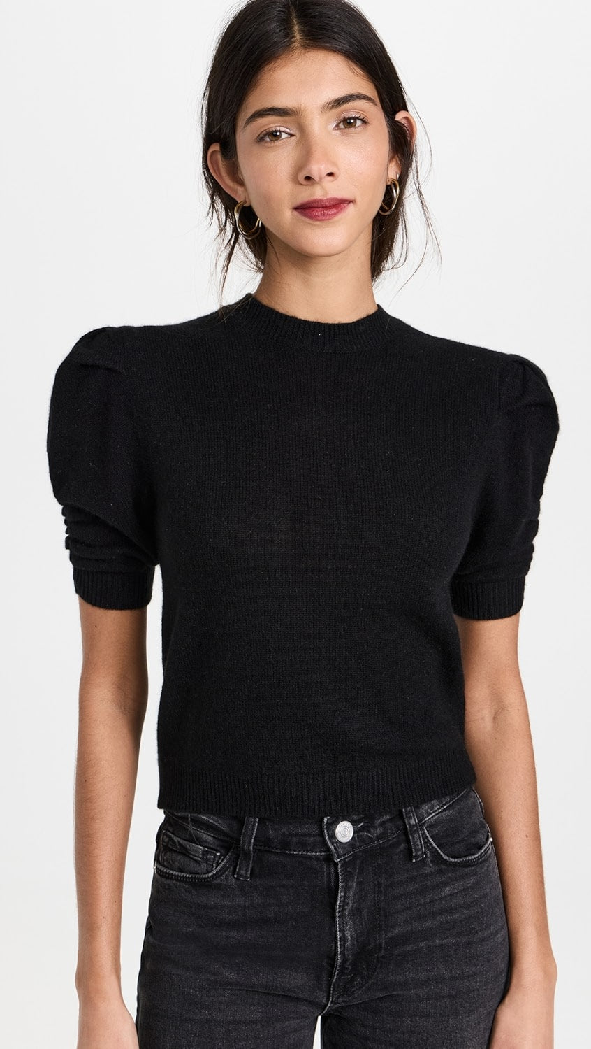 Frame Ruched Sleeve Black Cashmere Jumper