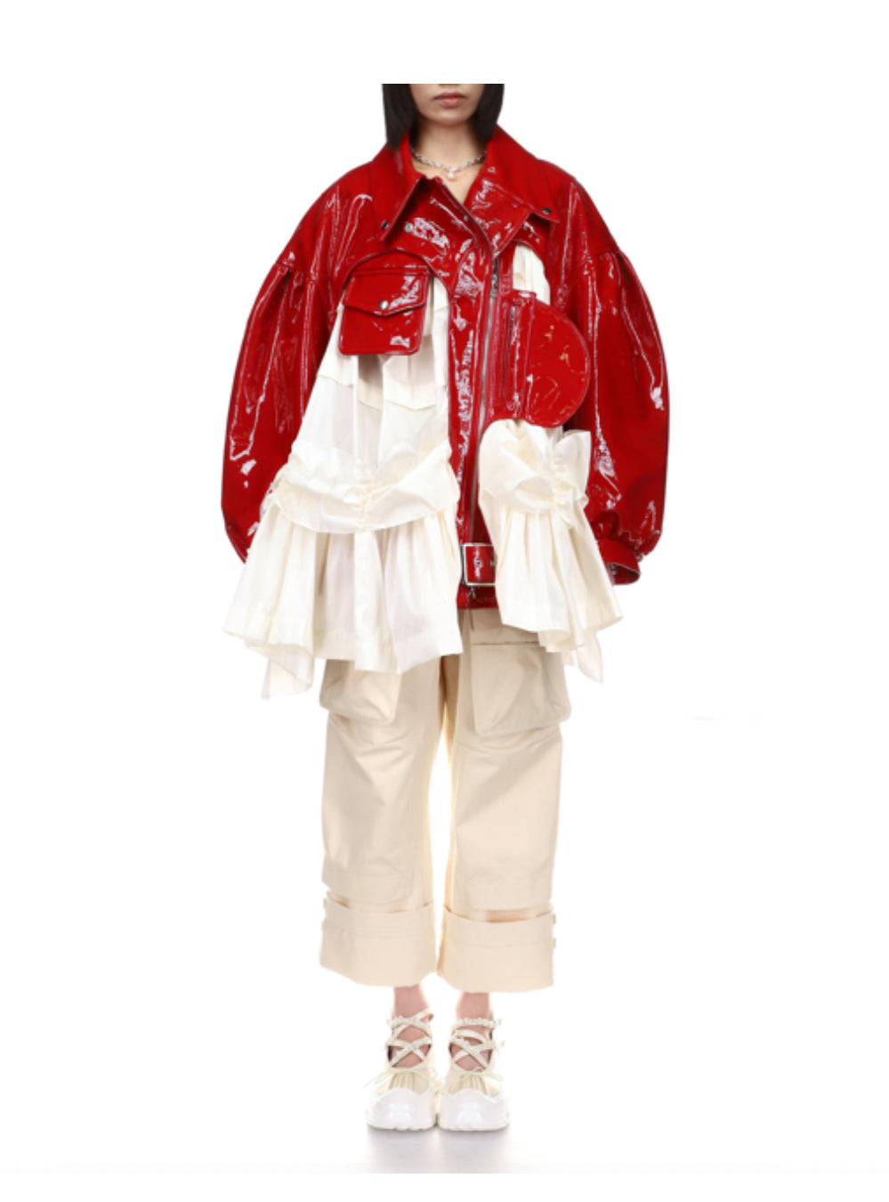 Simone Rocha Red Patent Open Heart Biker Jacket