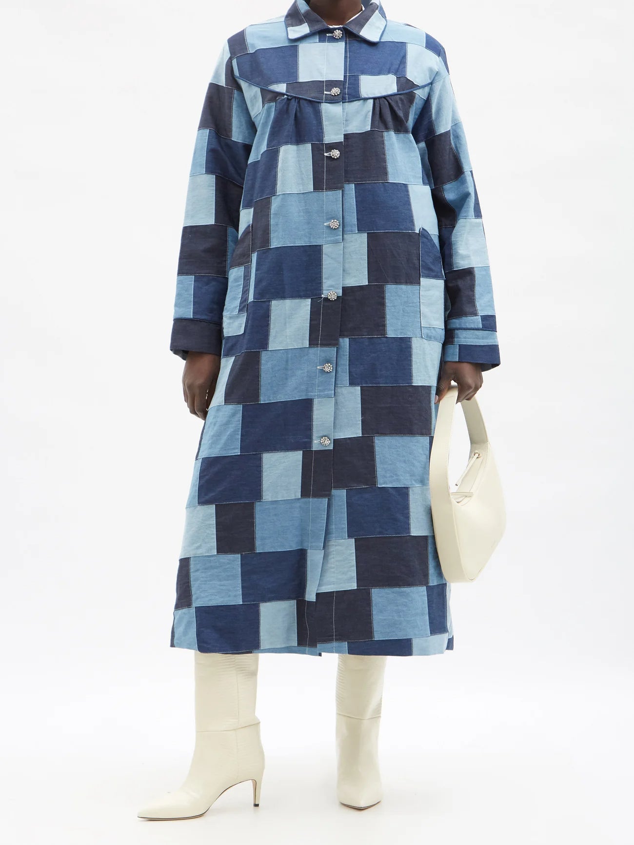 Batsheva Denim Patchwork Crystal Button Coat