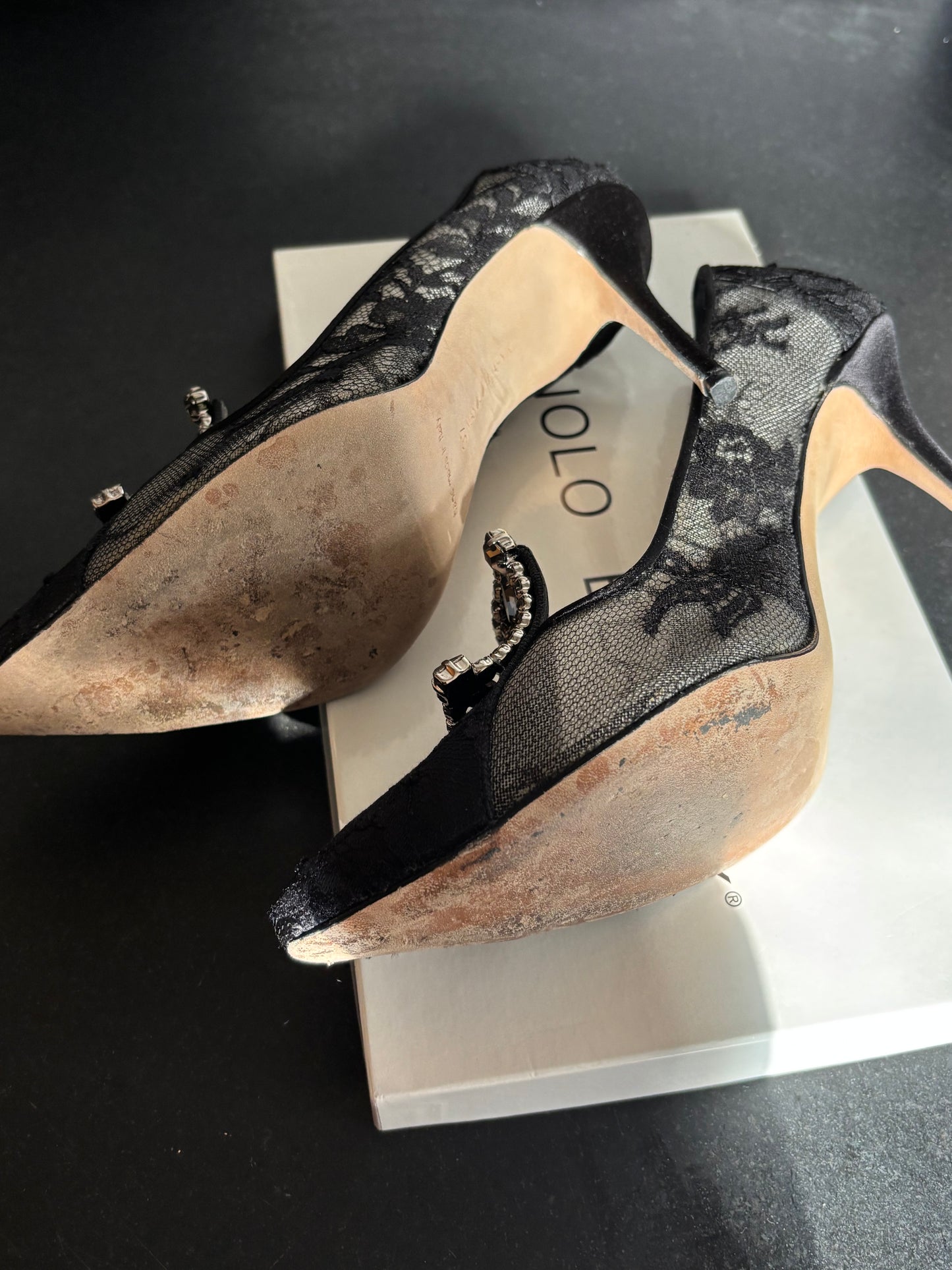 Manolo Blahnik Lace Crystal Heels