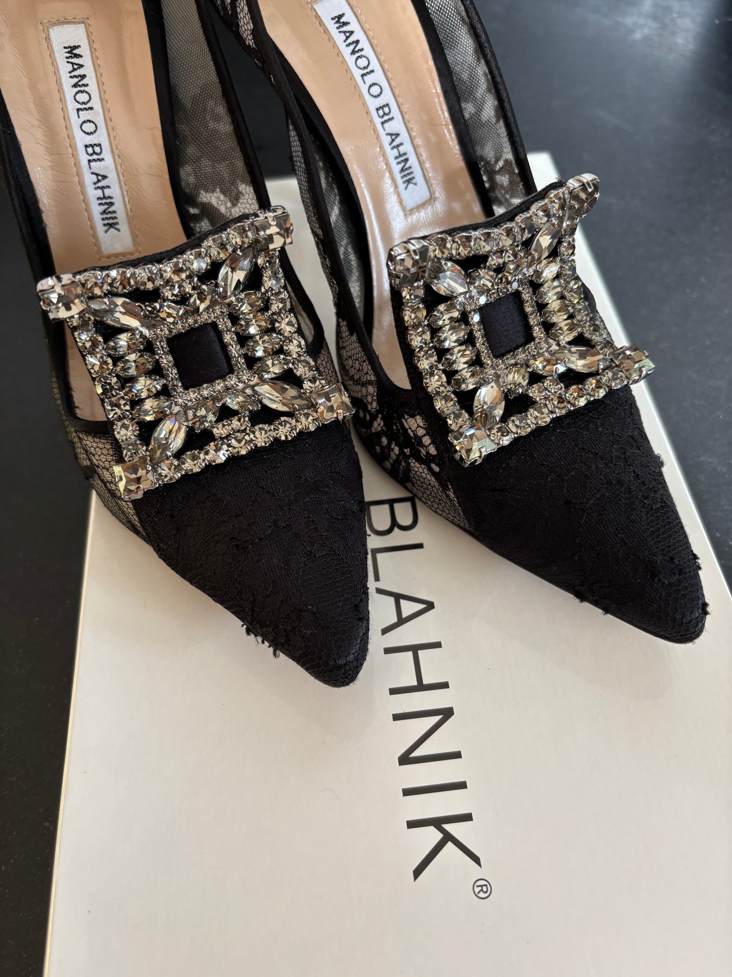 Manolo Blahnik Lace Crystal Heels