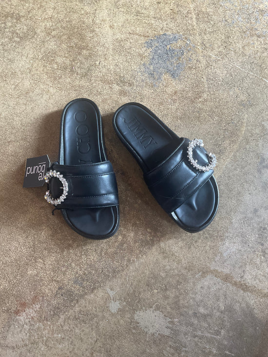 Jimmy Choo Fallon Leather Crystal Slides