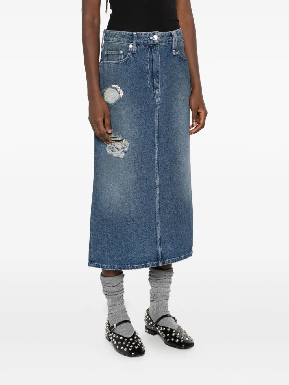 Simone Rocha Denim Jewel Distressed Skirt