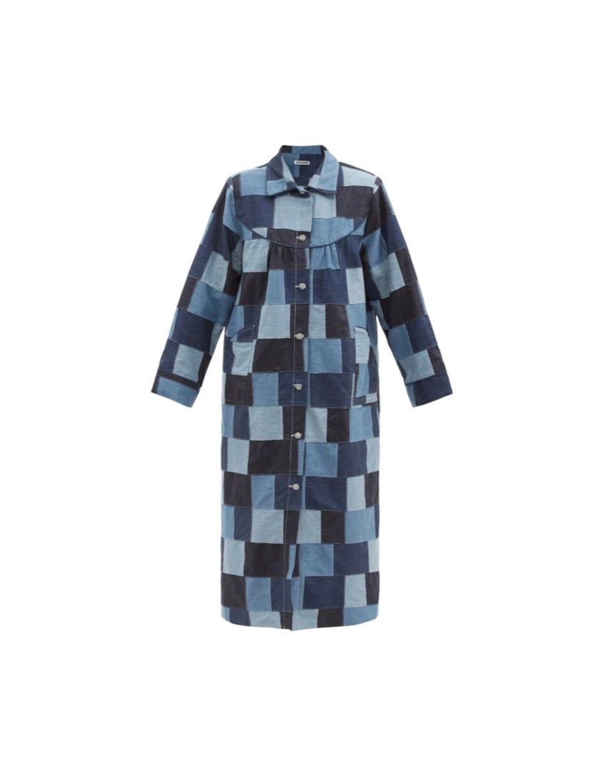 Batsheva Denim Patchwork Crystal Button Coat