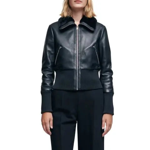 Maje Black Leather Bomber Jacket