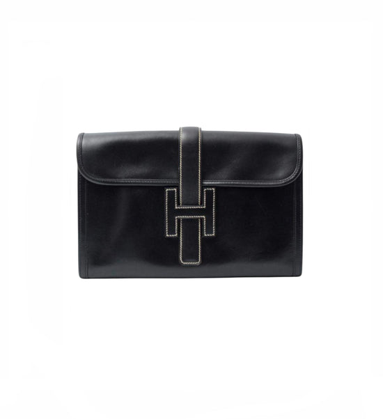 Vintage Hermes Black Jige PM Leather Clutch Bag