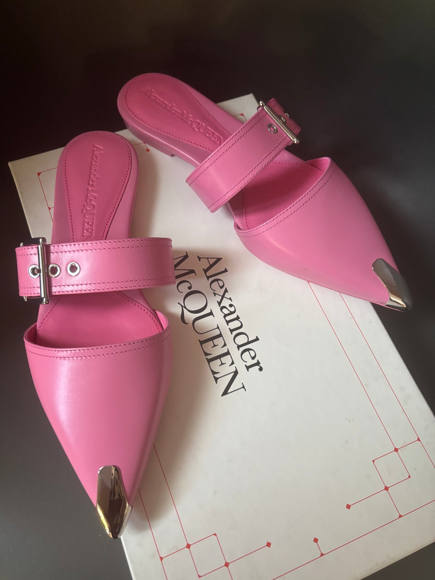 Alexander McQueen Sugar Pink Leather Buckle Mules - new