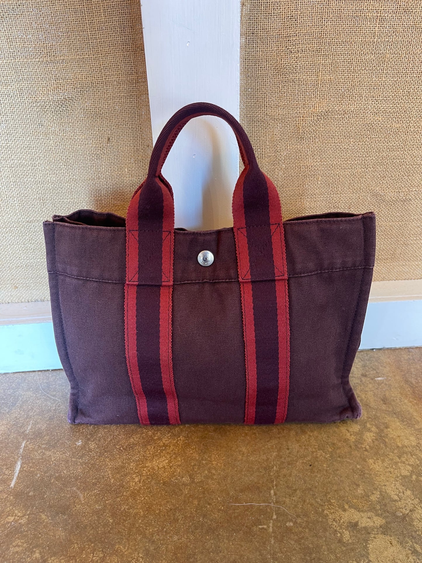 Hermes Dark Red Canvas Small Tote Bag
