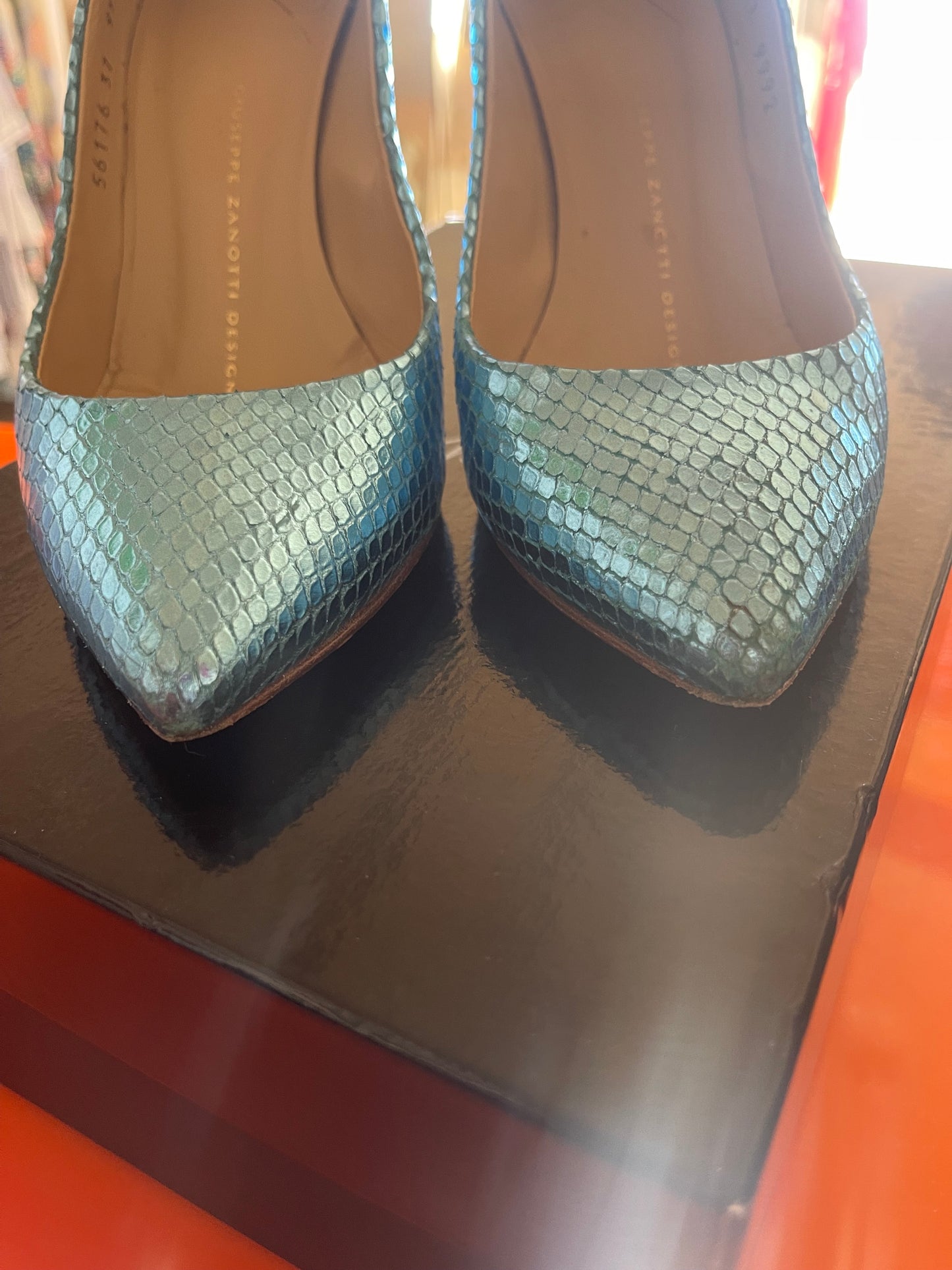 Giuseppe Zanotti Dirty 80 Blue Metallic Snakeskin Heels