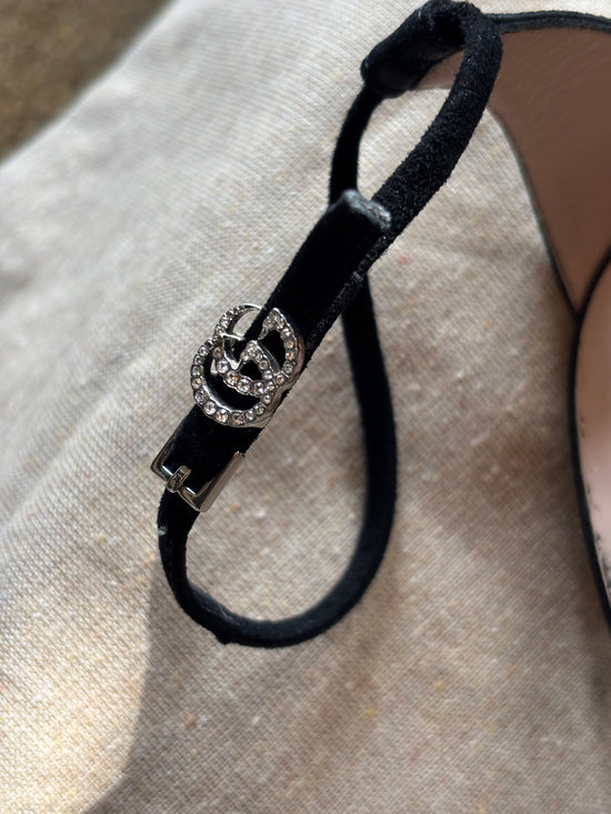 Gucci Black Suede Crystal GG Sandals