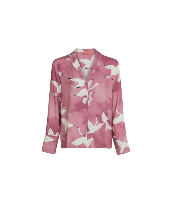 Kitri Pink Swans Satin Shirt - nwt