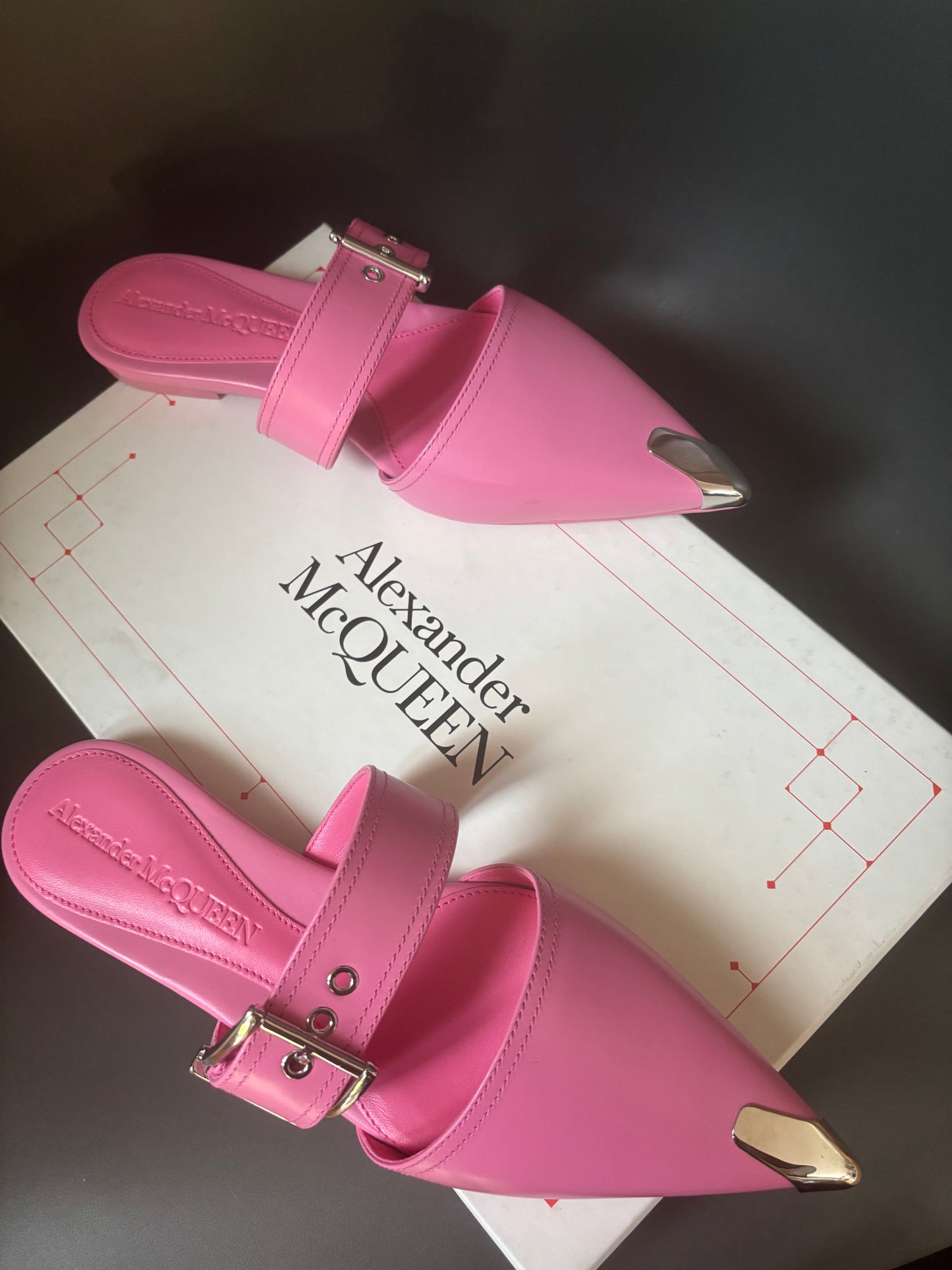 Alexander McQueen Sugar Pink Leather Buckle Mules - new