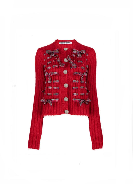 Chopova Lowena Red Mohair and Tartan Cardigan