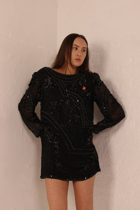 Load image into Gallery viewer, Vintage Black Sequin Mini Dress
