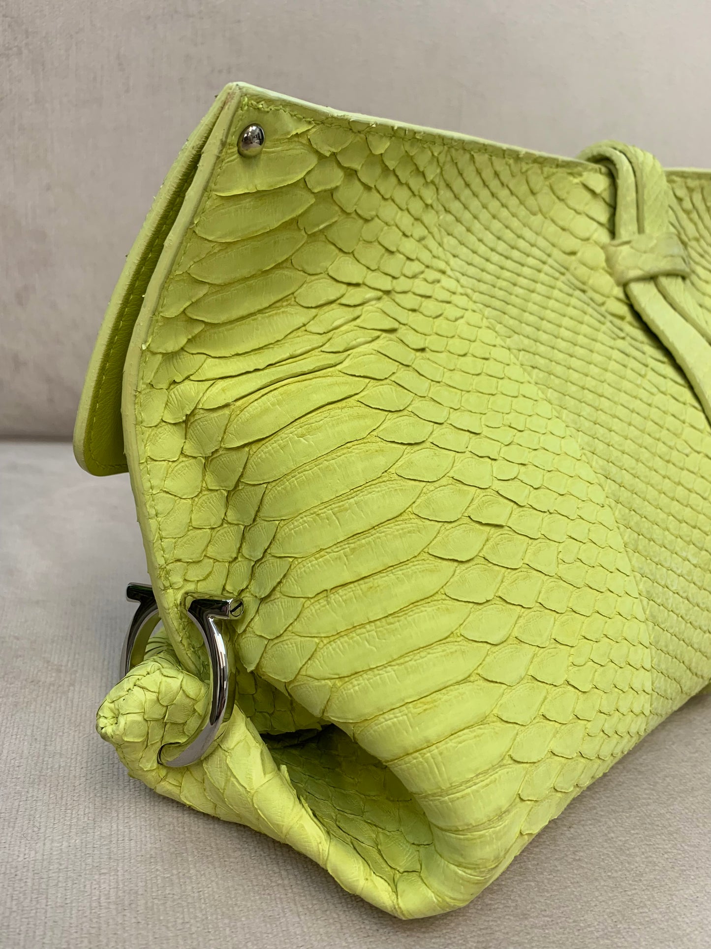Load image into Gallery viewer, Salvatore Ferragamo Lime Snake-Print Clutch
