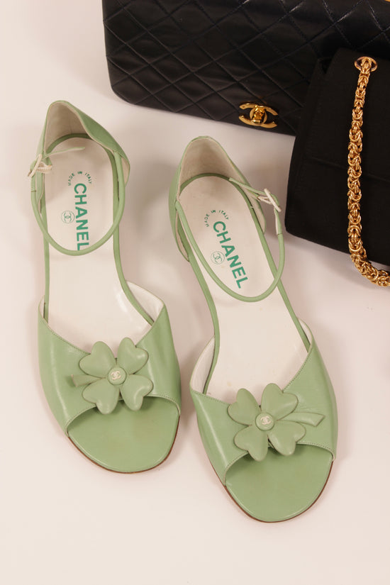 Vintage Chanel Green Leather Flower Sandals