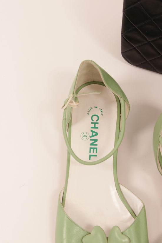 Vintage Chanel Green Leather Flower Sandals