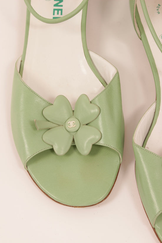 Vintage Chanel Green Leather Flower Sandals