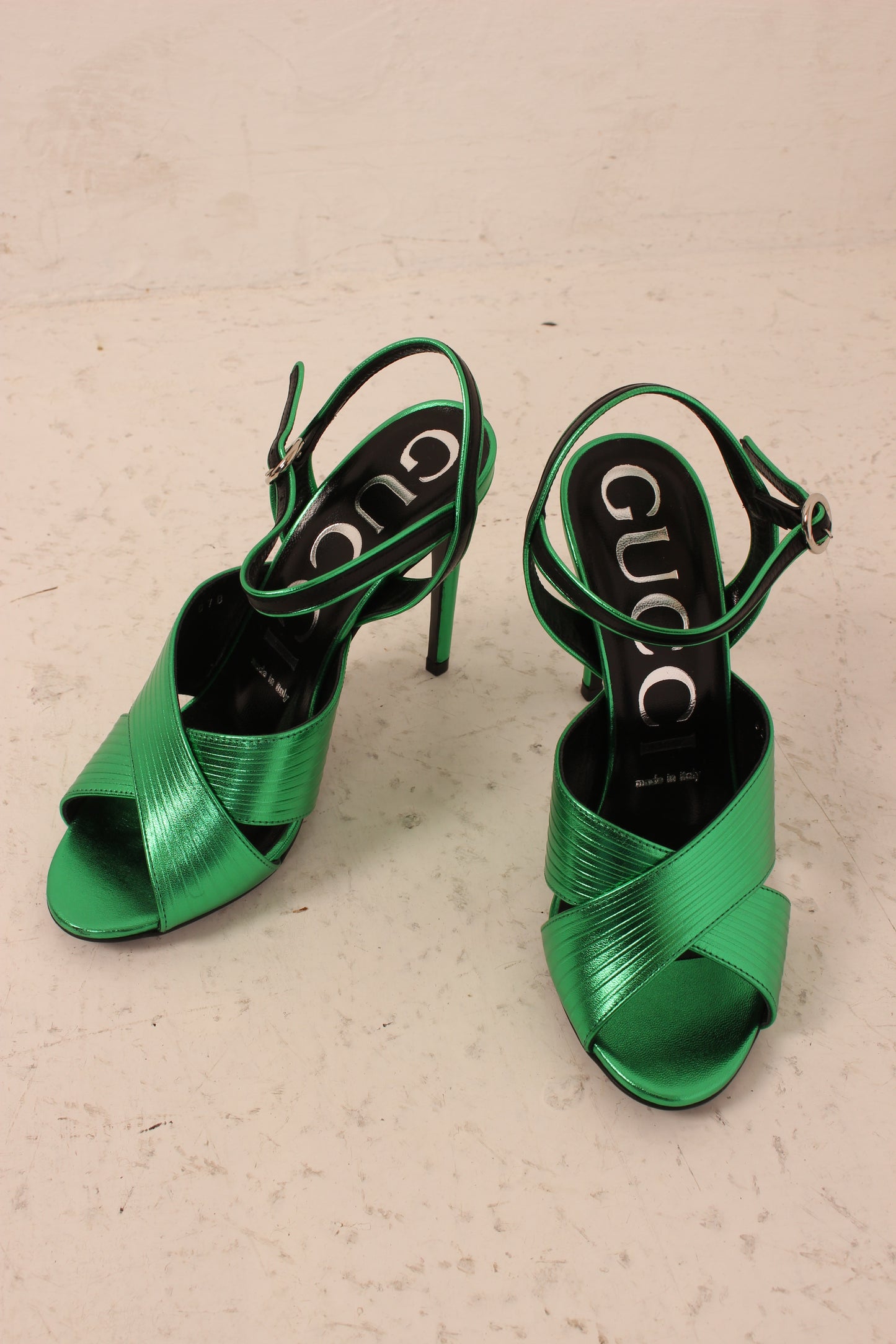 Gucci Green Metallic Sandal Heels - nib