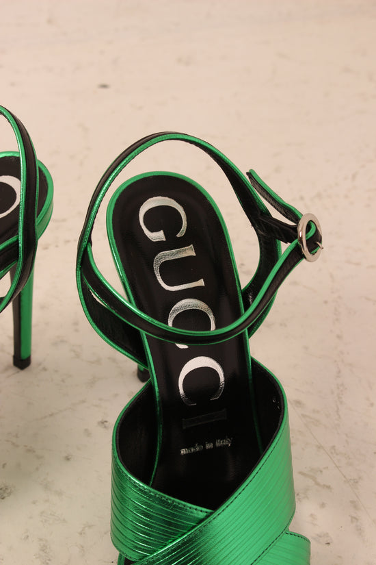 Gucci Green Metallic Sandal Heels - nib