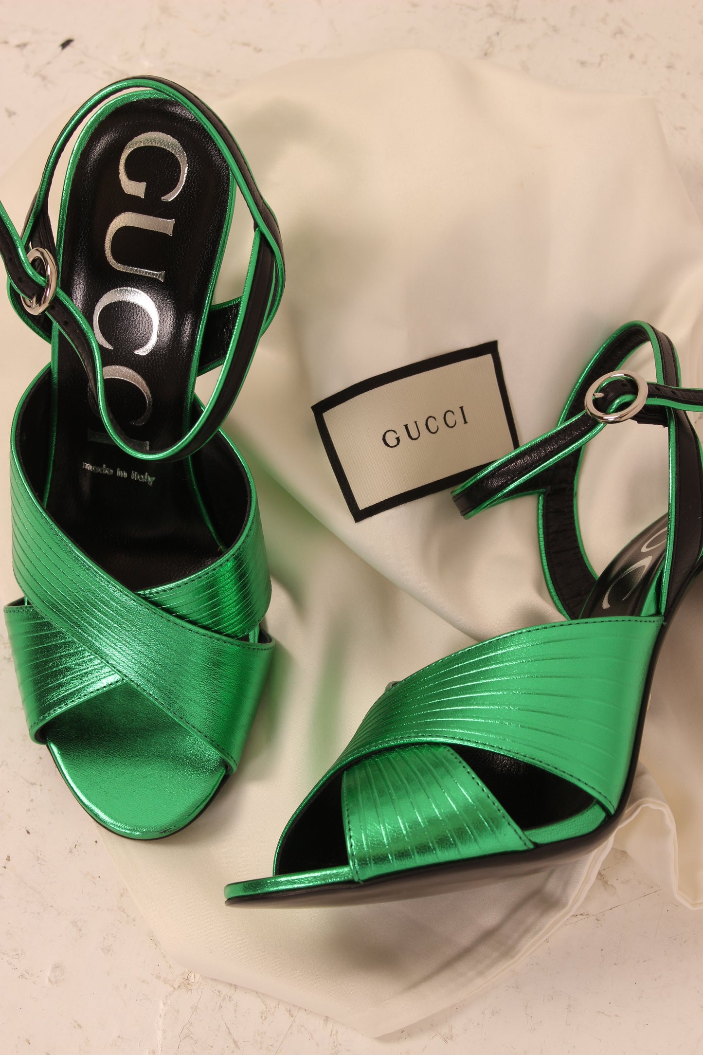 Gucci Green Metallic Sandal Heels - nib