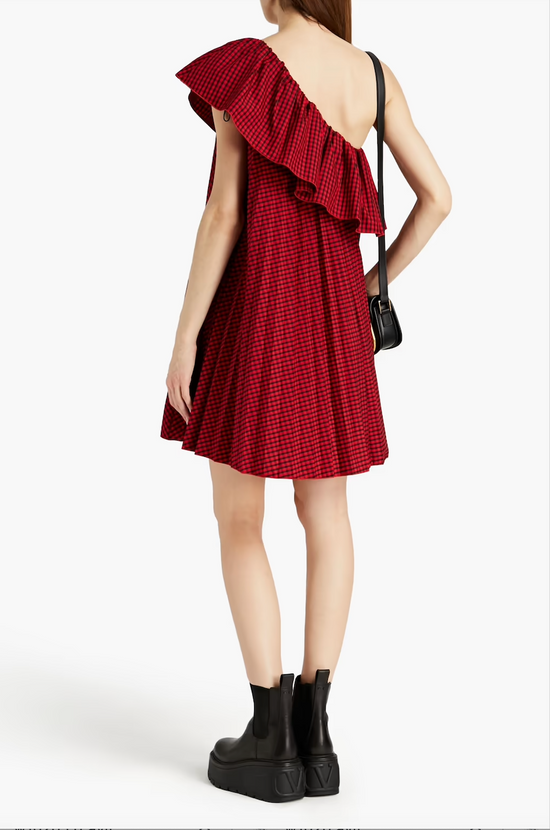 Red Valentino One-shoulder gingham mini dress
