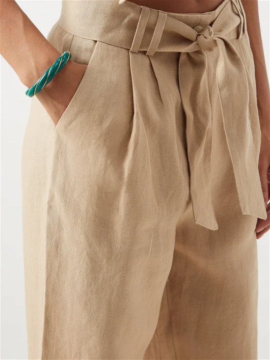 Casa Raki Cropped Beige Linen Trousers