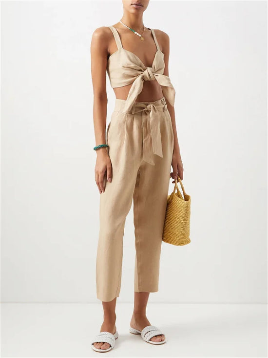 Casa Raki Cropped Beige Linen Trousers