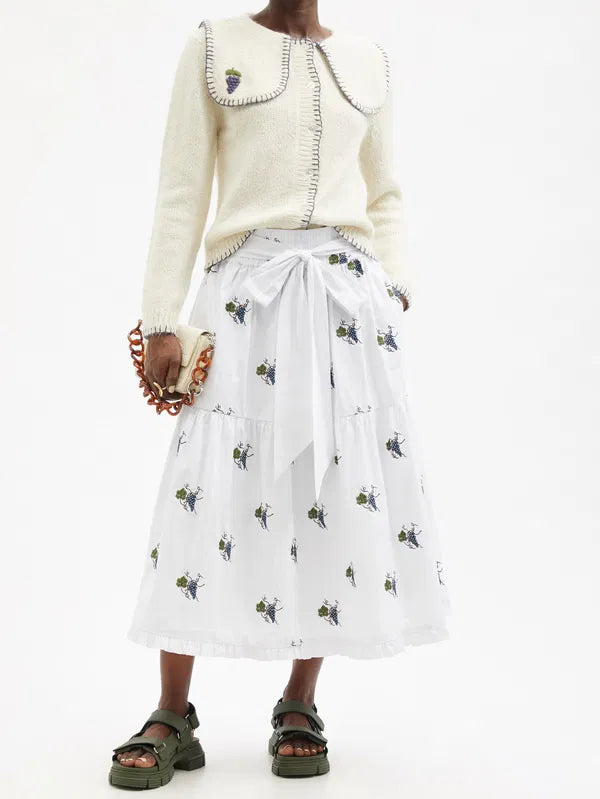 Shrimps Grape Embroidered Cotton Midi Skirt