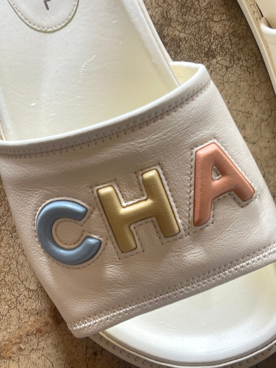 Chanel Logo Leather Sliders